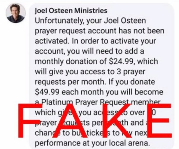 Joel Osteen account offering prayers for money is a scam, Lakewood Church warns  
