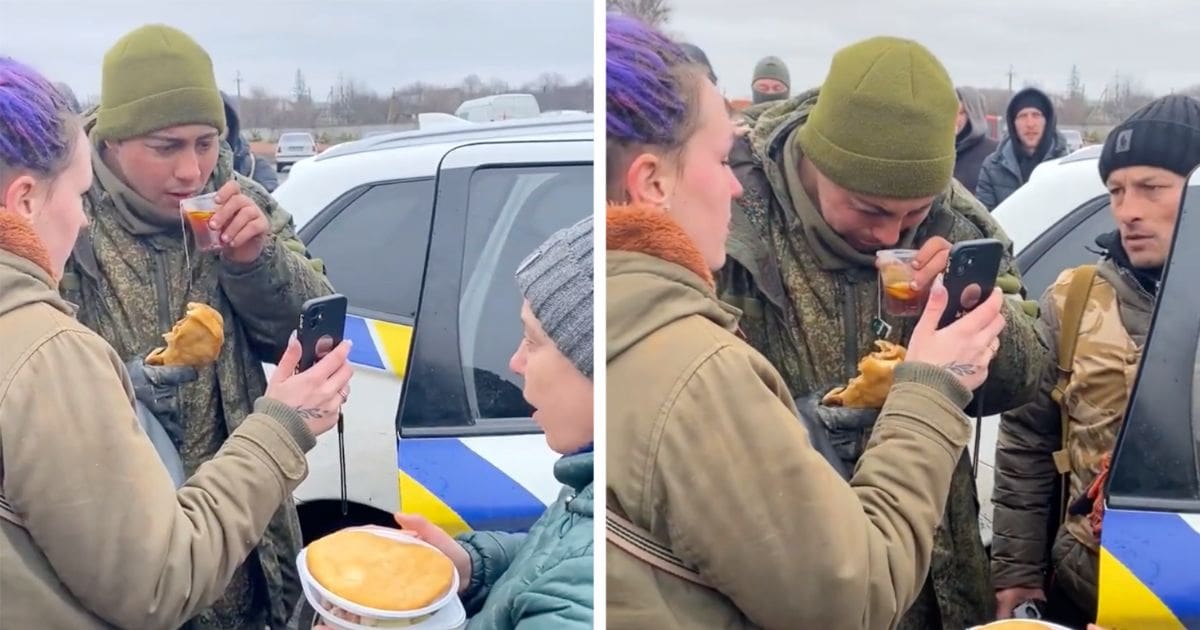Russian Soldier Breaks Down In Tears As Ukrainians Feed Him And Allow Him To Call Home